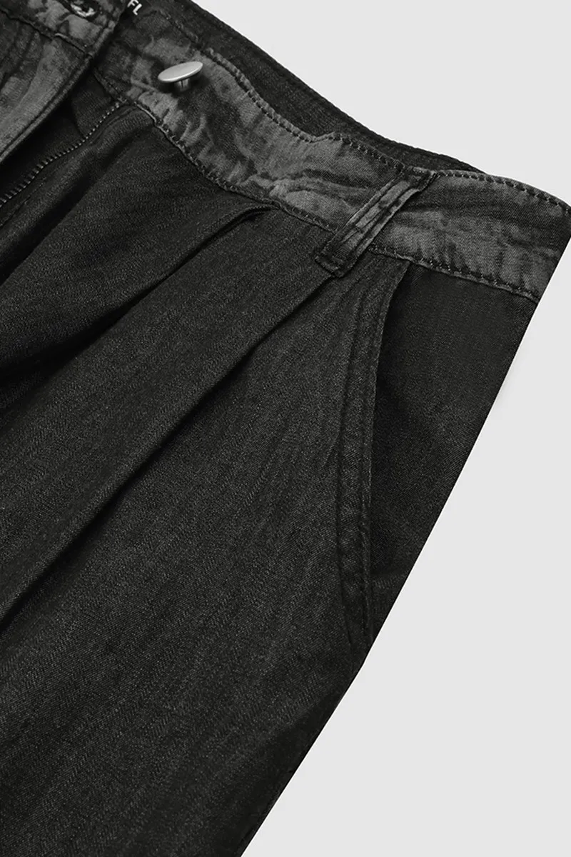 Wash Pleated Detail Wide Leg Mid Rise Jeans