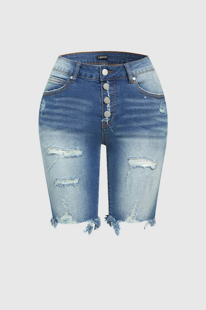 Ripped Raw Hem Button Up Mid Waist Denim Mid Thigh Shorts