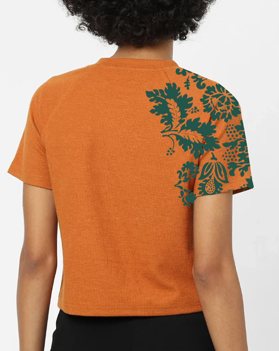 Orange Cut Out Floral Print Short Sleeve Cropped T-shirt