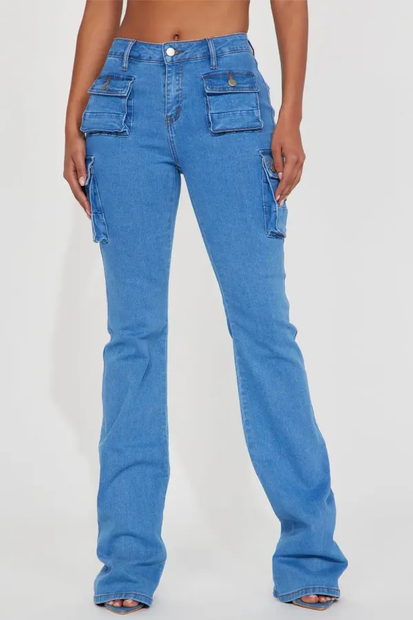 Tall Late Nights Mid Rise Cargo Flare Jeans - Medium Blue Wash