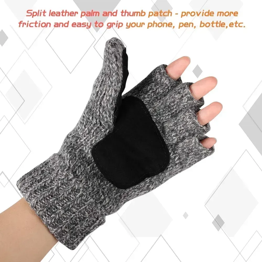 Bodvera Thermal Insulation Fingerless Texting Wool Gloves for Women and Men Winter Warm Knitted Convertible Mittens Flap