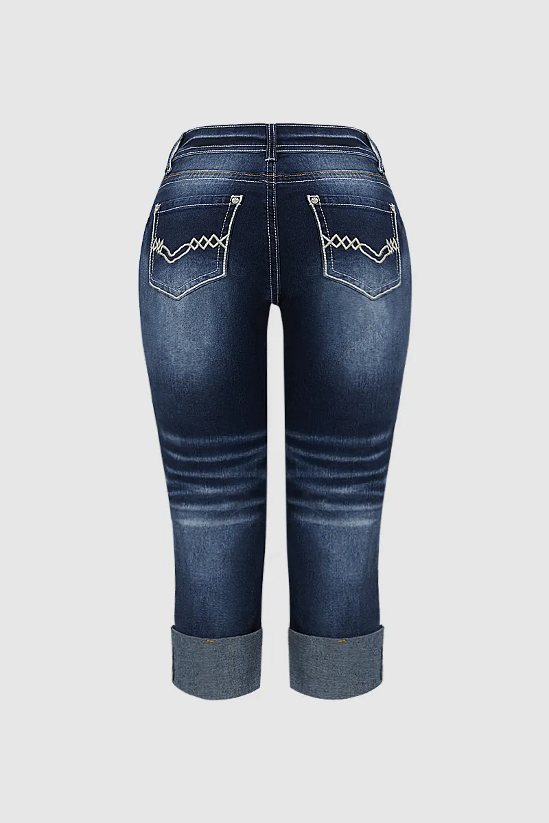 Ripped Stitch Pocket Wash Stretchy Low Waist Capri Jeans