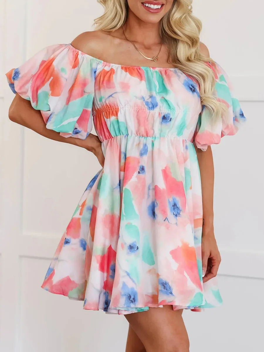 Watercolor Pattern Bubble Sleeve Dress