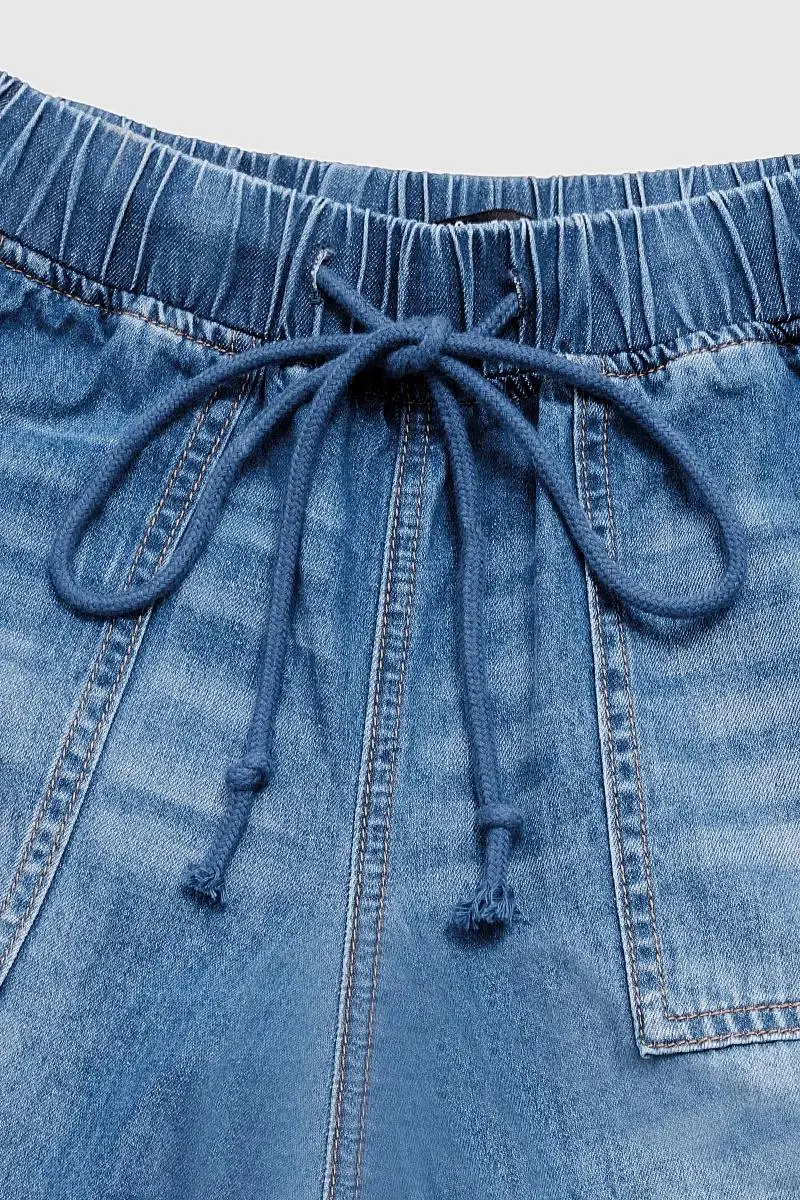 Cut Out Slant Pocket Drawstring Mid Rise Straight Leg Cropped Jeans