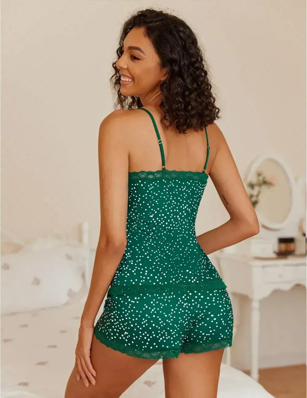 Women Cami Pajama Set Modal Sleepwear Lace Trim Short PJ Set with Shorts