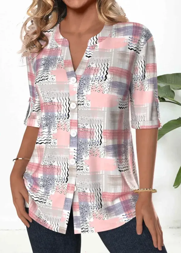 Light Pink Button Geometric Print 3/4 Sleeve Blouse