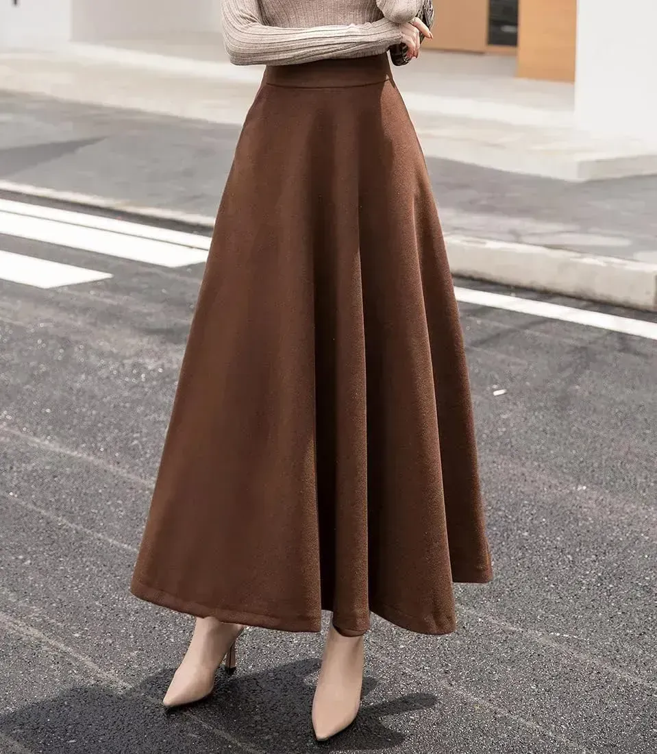 Women's Winter Elegant Warm Long Skirt Wool Maxi Skirts Elastic Waist A-Line High Waist Plaid Pleated Skirt S-3XL