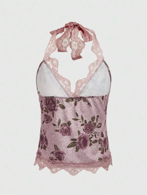 Fairycore Plus Size Women's Summer Floral Print Lace Splicing Halter Neck Tie Back Tank Top