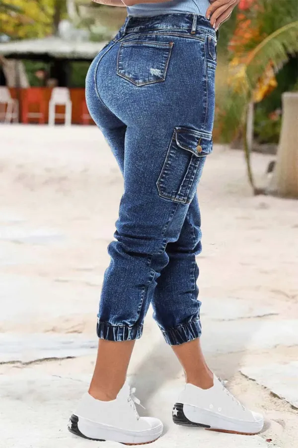 Wash Ripped Flap Pocket High Rise Cargo Jeans