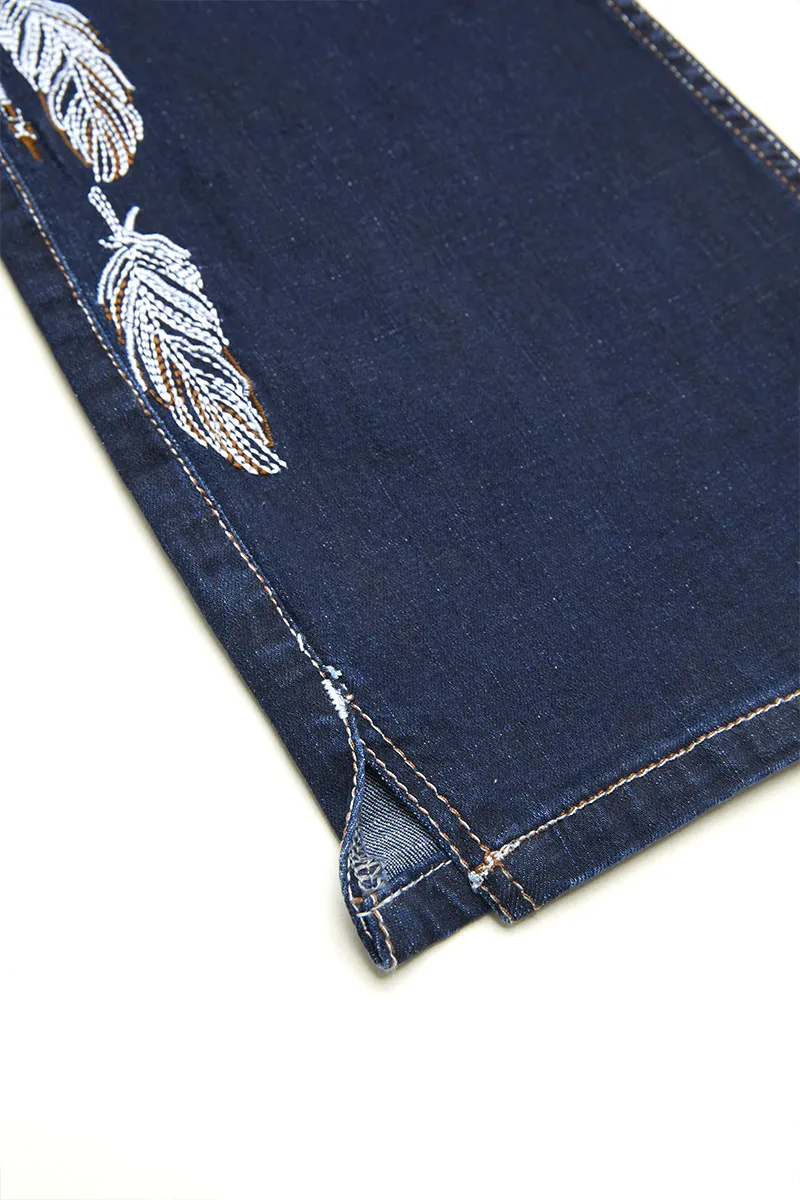 Feather Embroidery Split Hem Mid Waist Bootcut Jeans