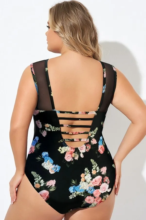 High Neck Black Floral Print Mesh One Piece Swimsuit
