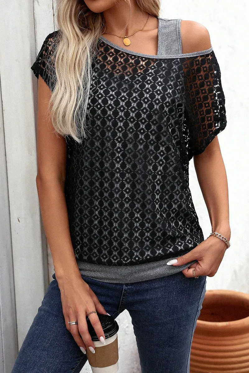 Contrast Lace Hollow Out Asymmetrical Neck 2 In 1 T-Shirt