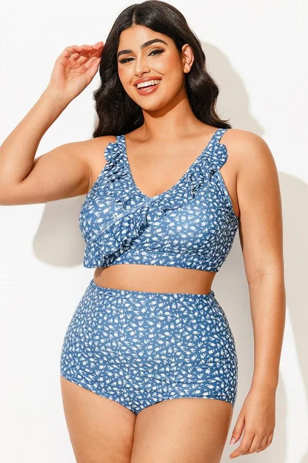 Plus Size Floral Print With Frill Details Elegant Bikini Top