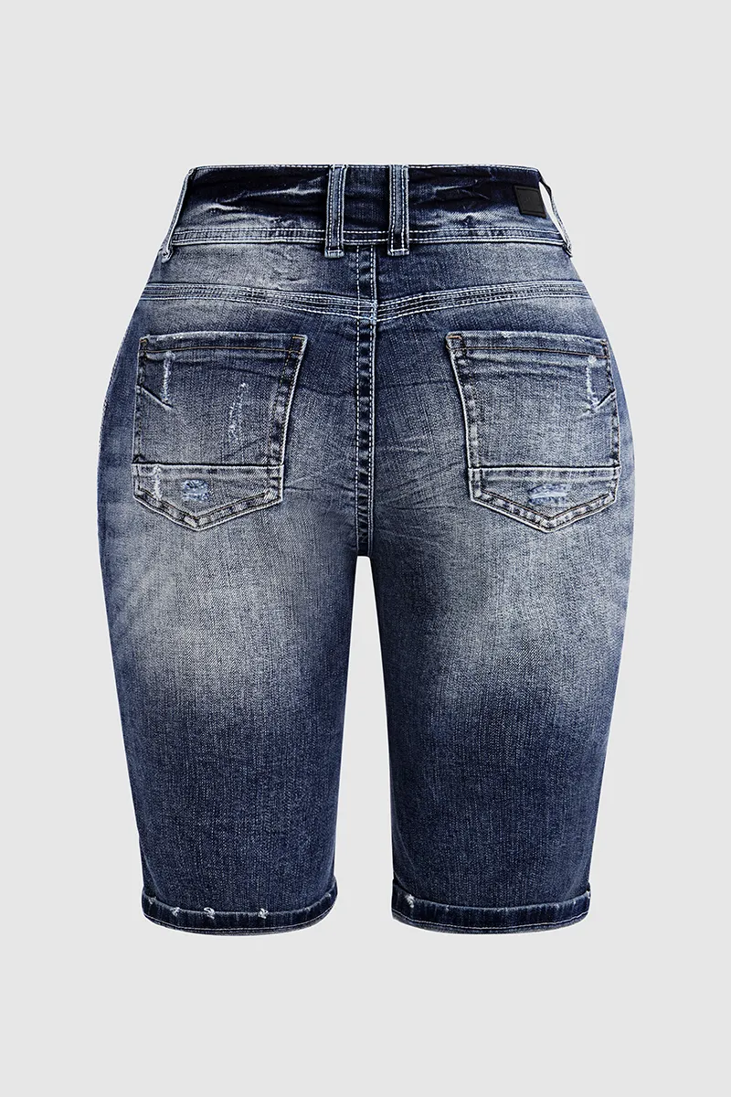 Double Button Ripped Roll Hem Mid Rise Denim Bermuda Shorts