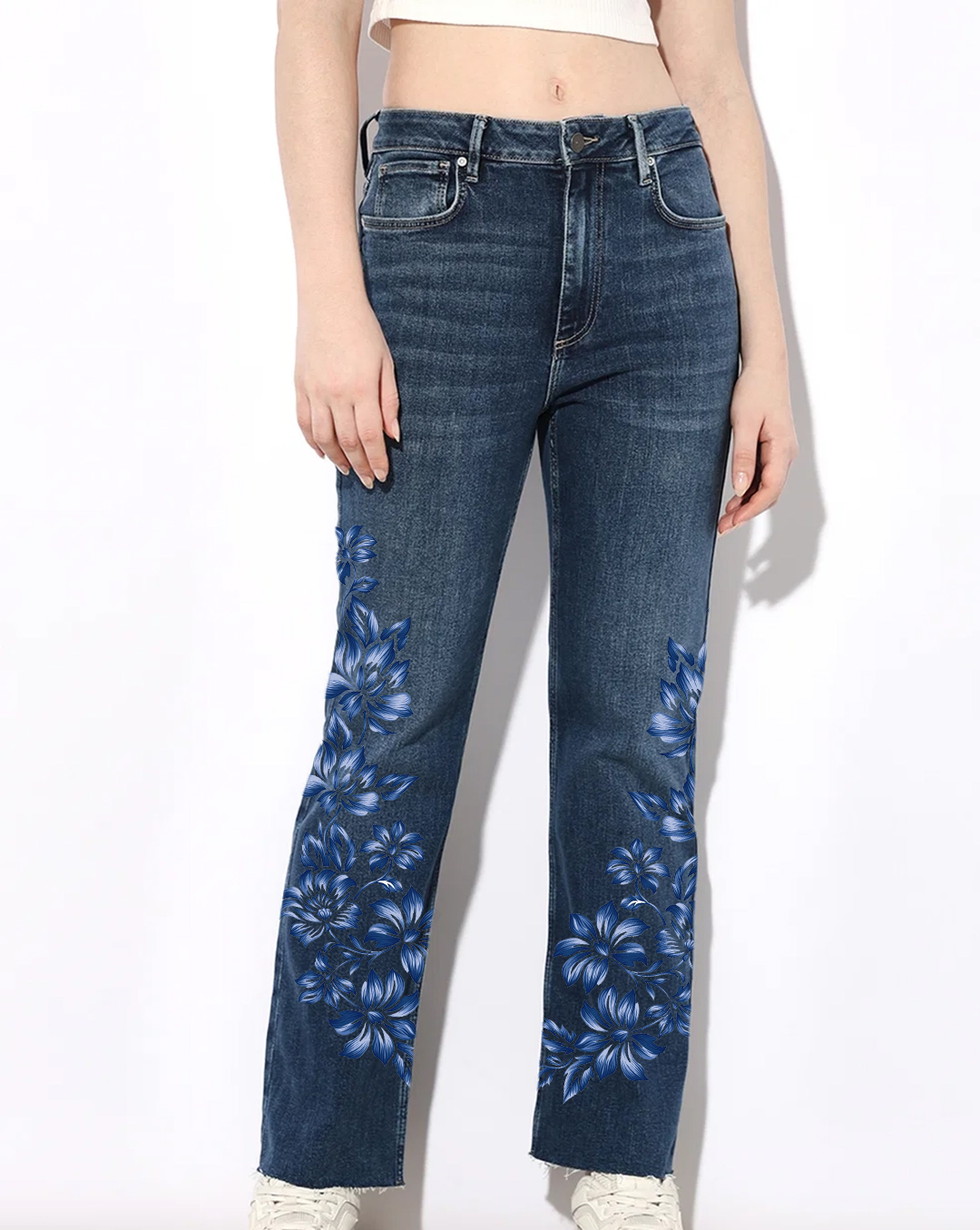 Blue High Rise Flared Cropped Jeans with Blue Floral Pattern