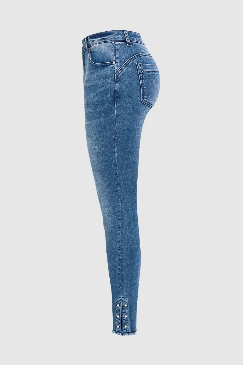 Button Side Raw Hem High Waist Skinny Jeans