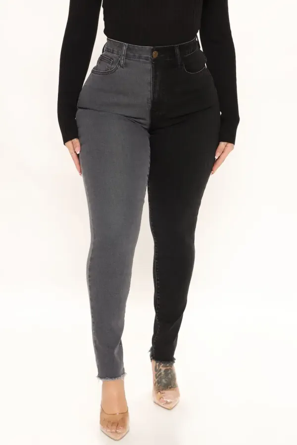 Half And Half Contrast High Rise Skinny Jeans - Black/Grey