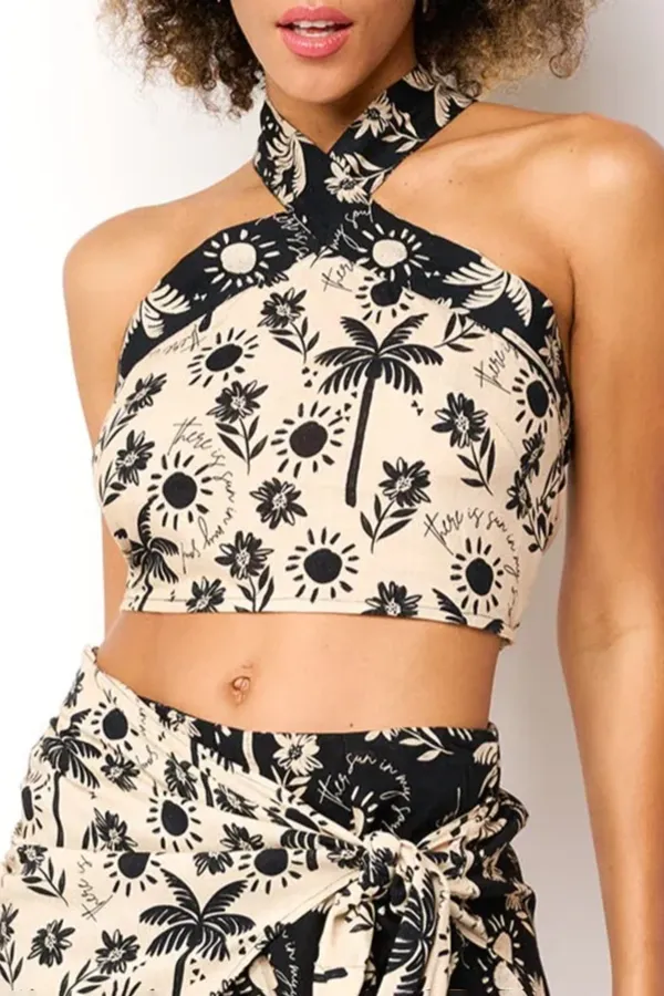 Beige And Black Tropical Print Halter Crop Top