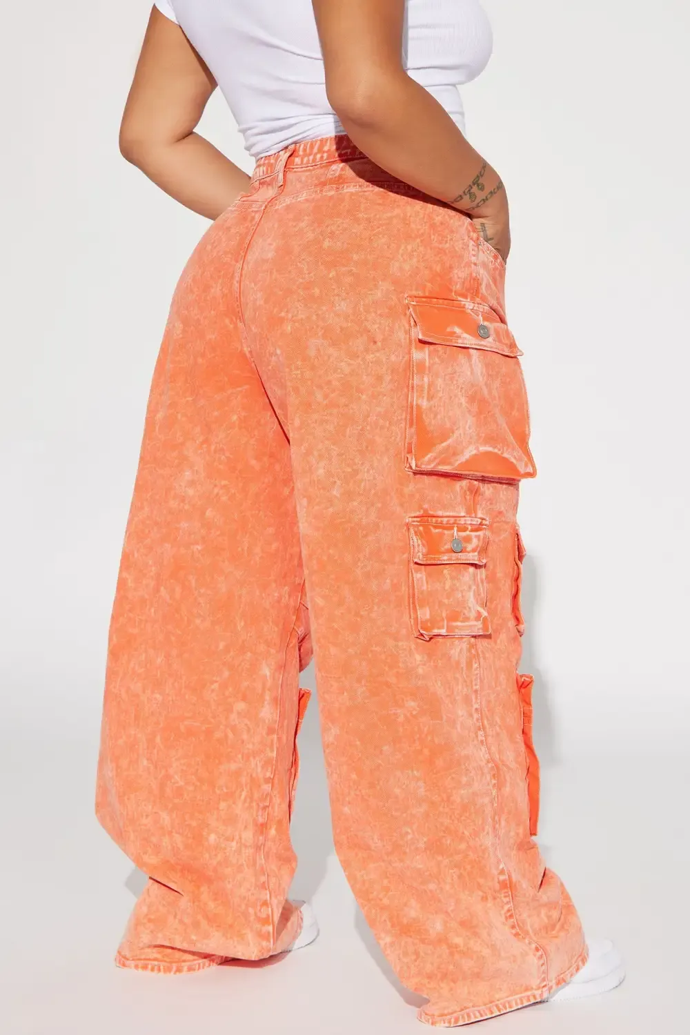Lily High Rise Acid Wash Cargo Jeans - Orange