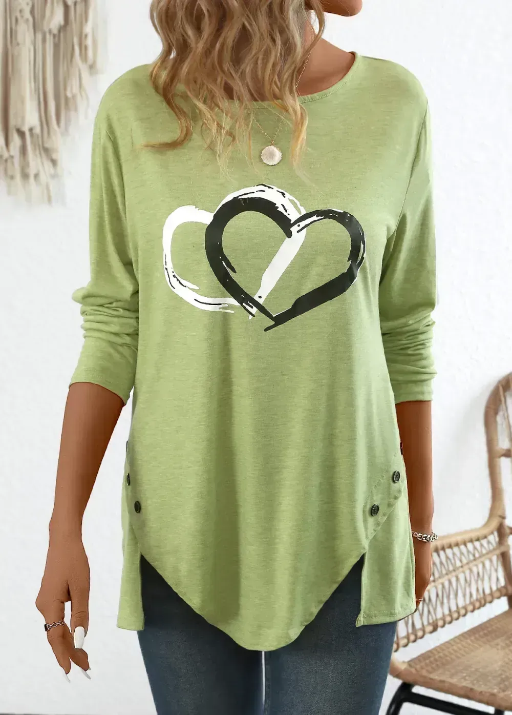 Avocado Green Split Heart Print Long Sleeve T Shirt