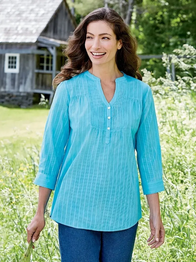 Perfect Pintuck Cotton Tunic With 3/4 Sleeves