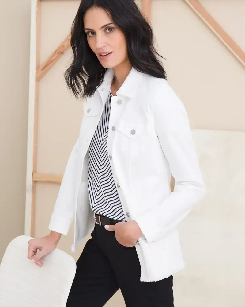 No Stain Frayed Hem Denim Jacket Alabaster