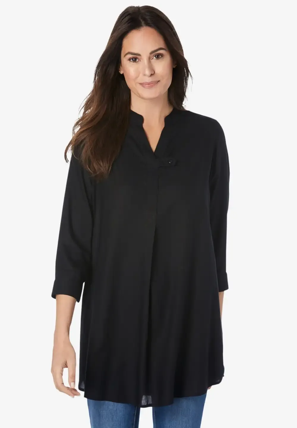 Rayon 7-Day Three-Quarter Sleeve Tab-Front Tunic