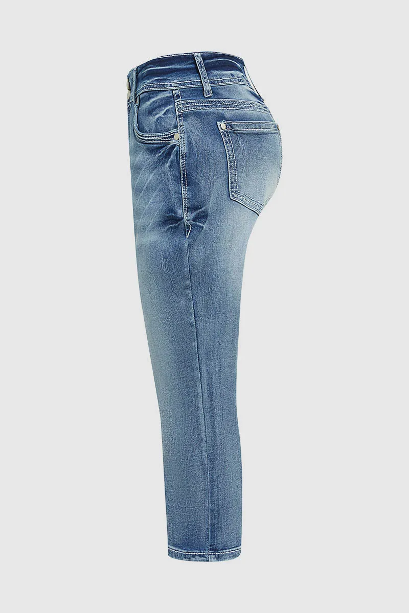 Washed Button Up Rolled Hem Low Rise Capri Jeans