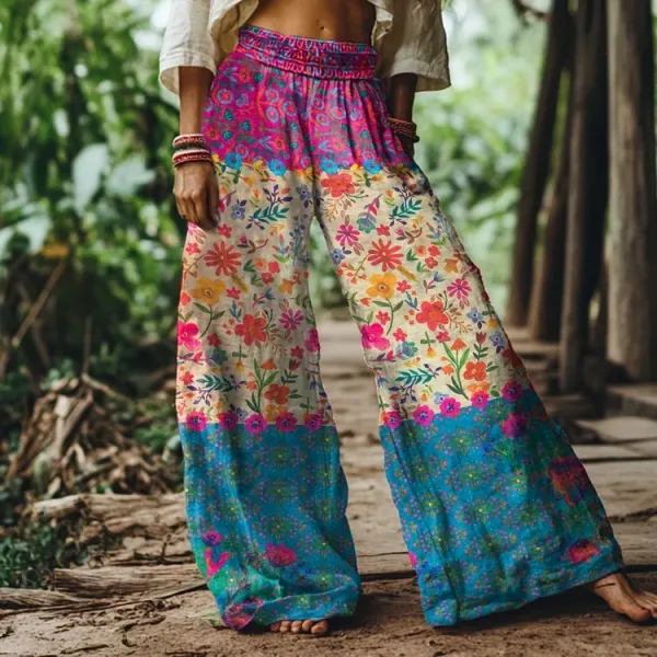 Vintage Bohemia Floral Pattern Women's Linen Blend Casual Pants