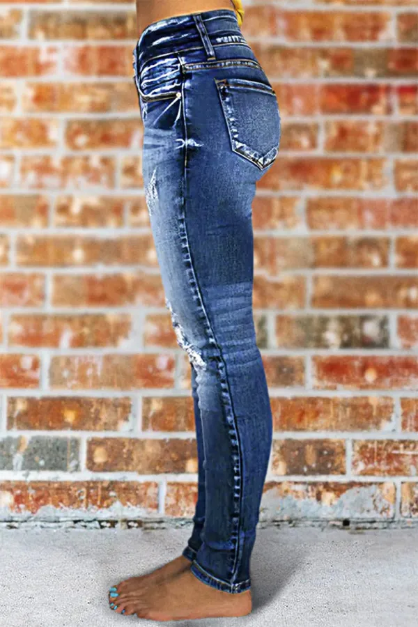 Ripped Double Button Mid Waist Skinny Jeans
