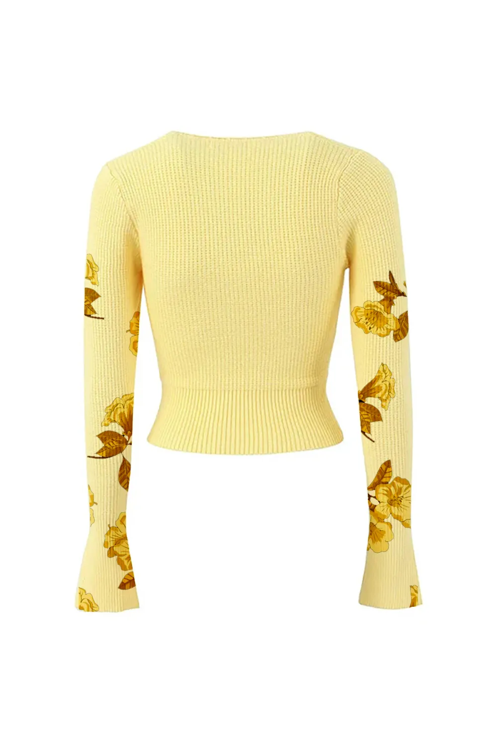 Cute Tie Neck Floral Embroidery Long Sleeve Crop Ribbed Knit Sweater