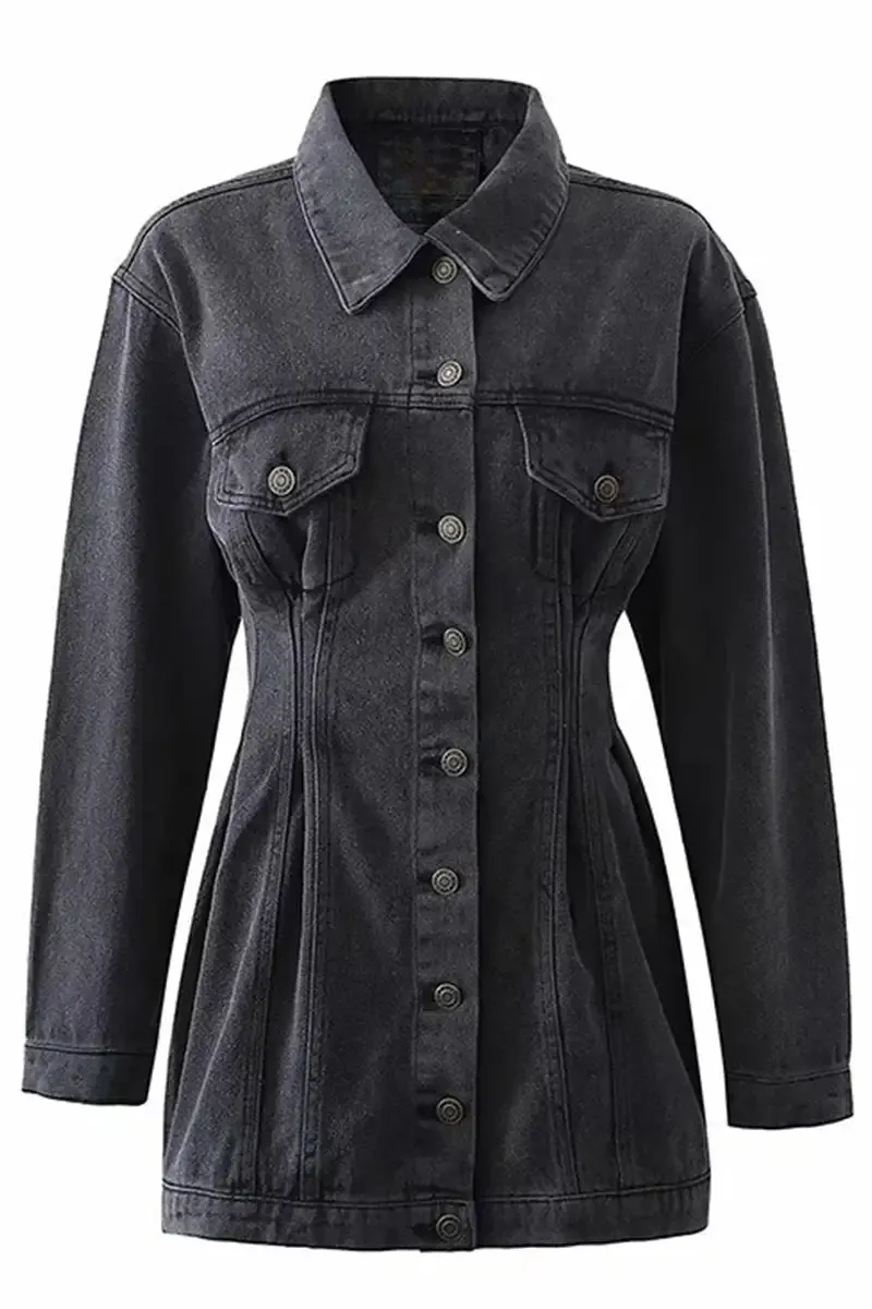 Woman Elegant Waisted Denim Dress Jacket
