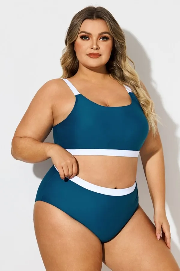 Plus Size Blue & White Colorblock Bikini Top