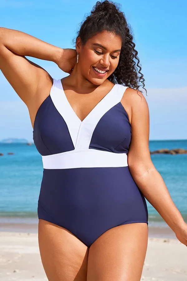 Plus Size Colorblock Plunging One Piece Swimsuit