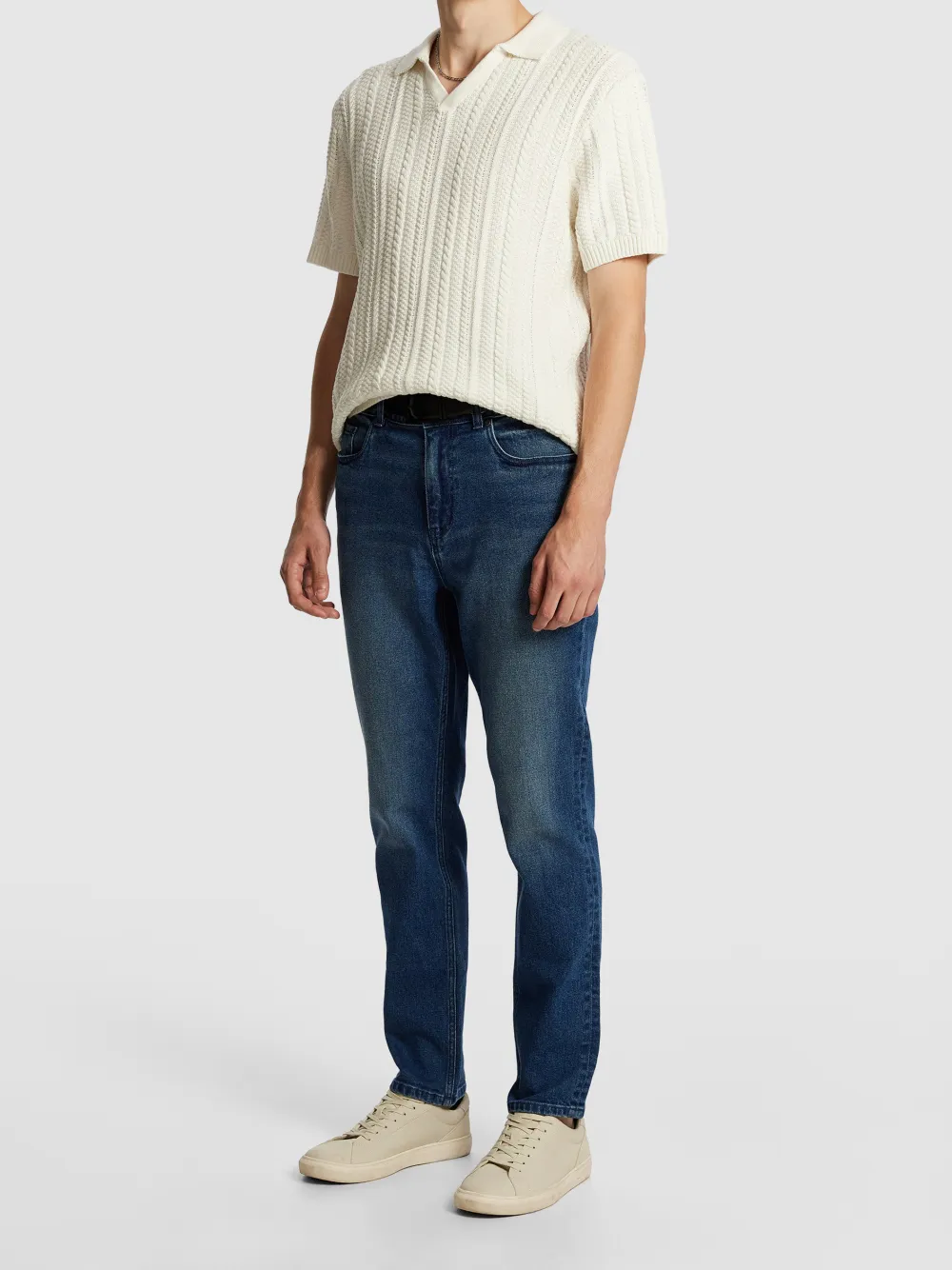 Off White Short Sleeve Cable Knit Polo Shirt