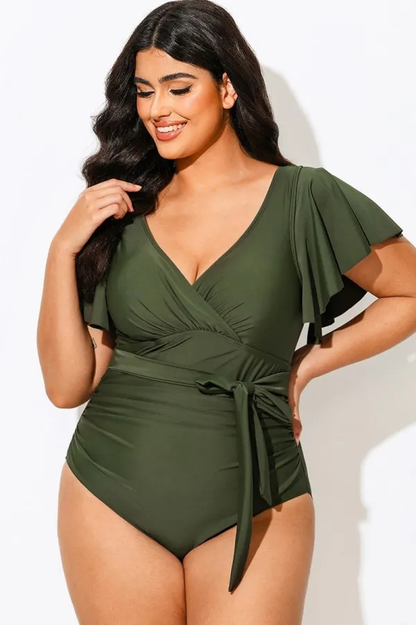 Green V-Neck Ruffle Sleeve One Piece Swimsuit