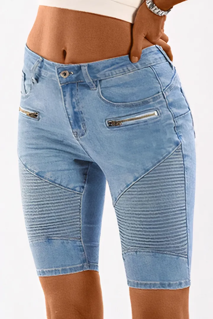 Wash Zip Design Mid Waist Denim Bermuda Shorts