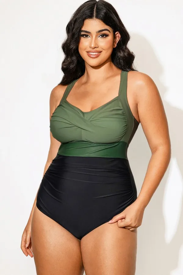 Plus Size Contrast Twist Front Skinny One Piece Swimsuit