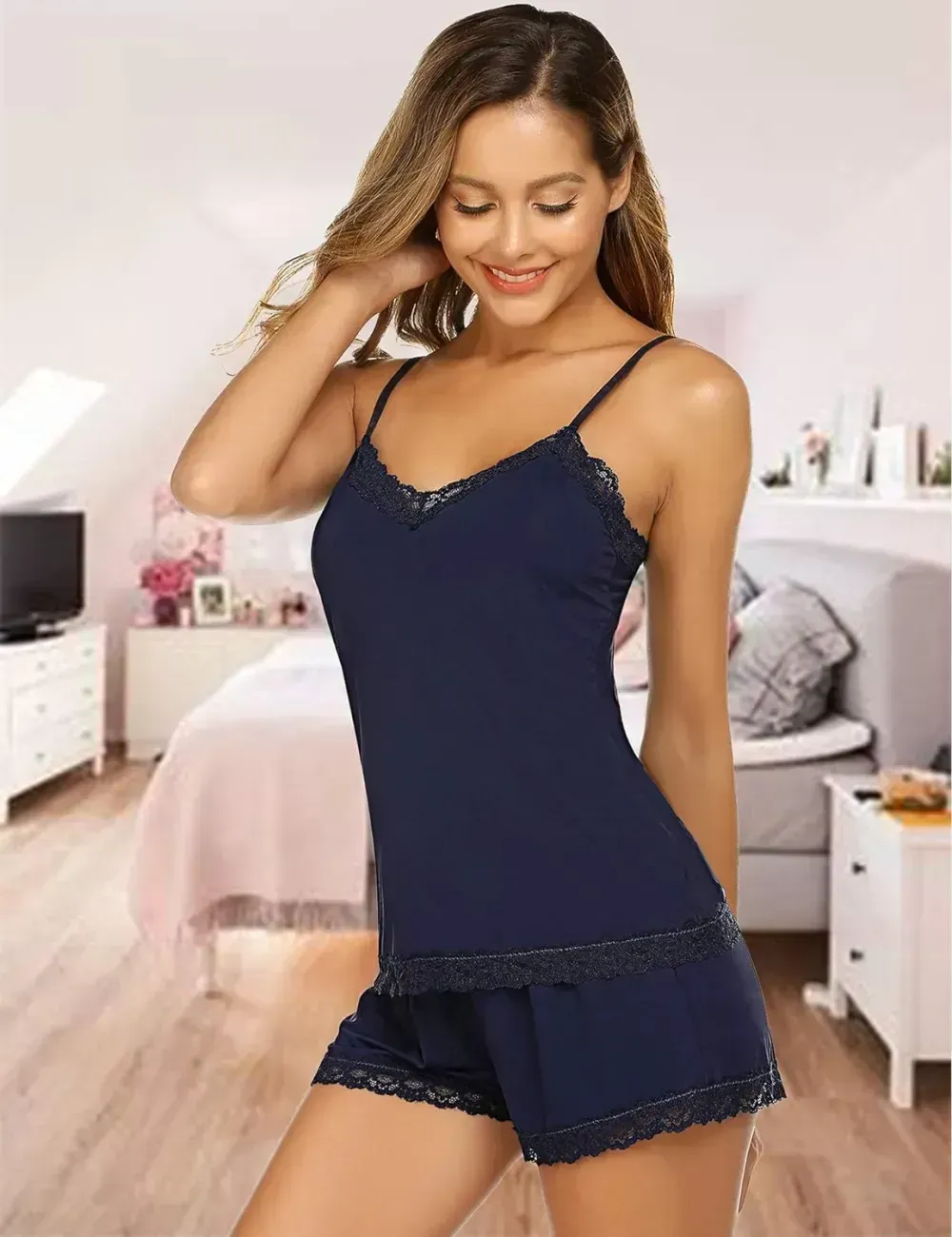 Women Cami Pajama Set Modal Sleepwear Lace Trim Short PJ Set with Shorts