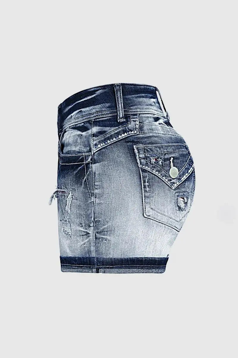 Wash Paisley Patched Ripped Mid Rise Denim Shorts