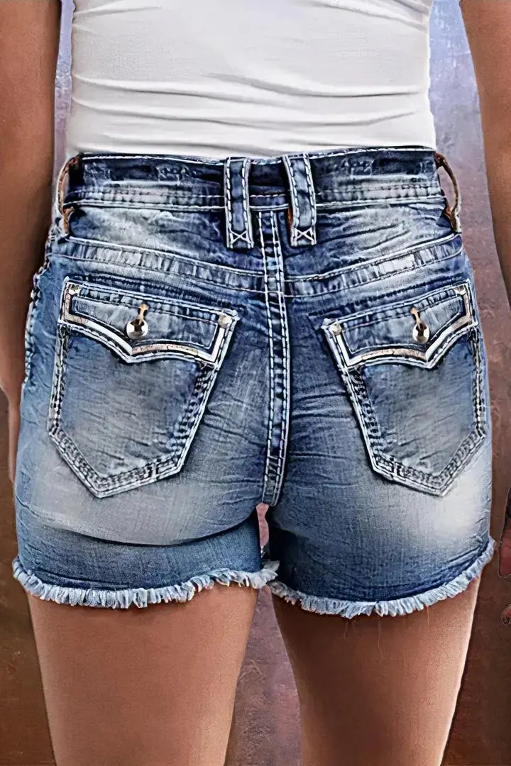 Wash Raw Hem Flap Pocket Mid Rise Denim Shorts