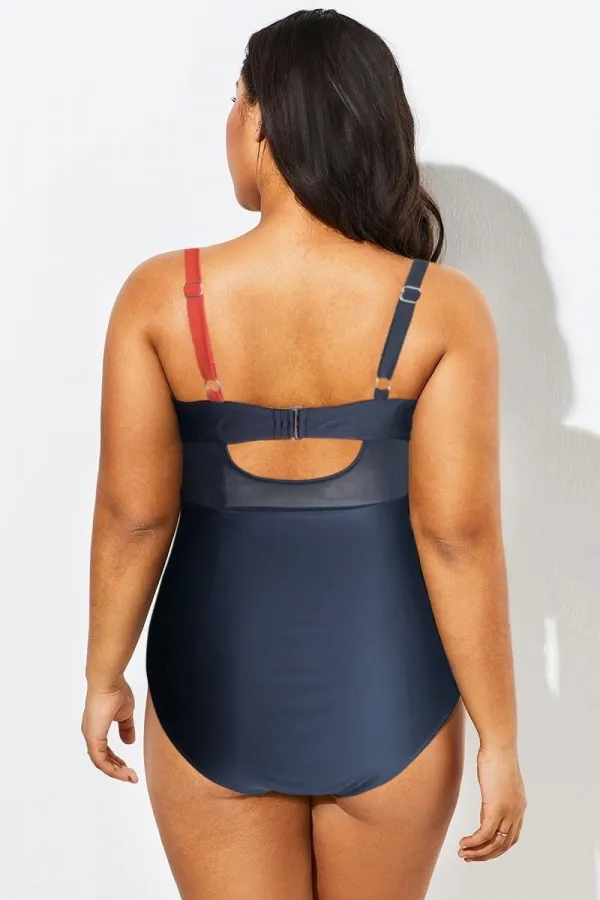 Colorblock Cut Out Mesh Underwire One Piece Swimsuit