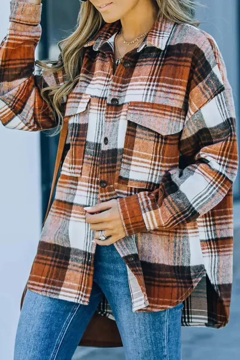 Womens Casual Plaid Shacket Button Down Long Sleeve Shirt