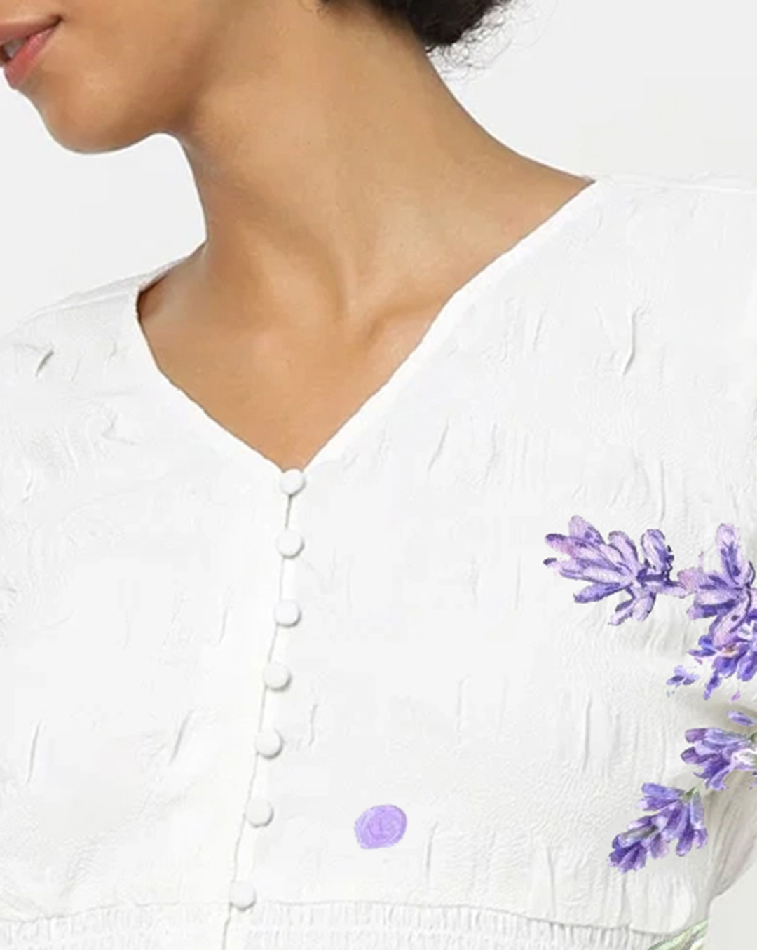White Lavender Print V Neck Cropped Blouse