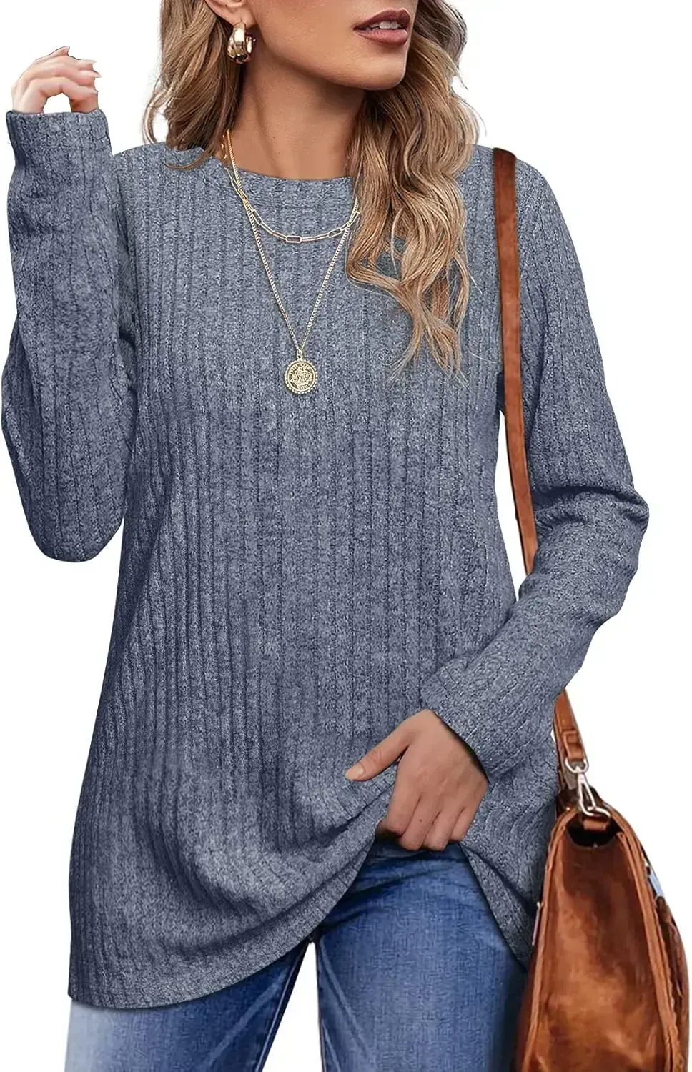 OFEEFAN Long Sleeve Shirts for Women Lightweight Crew Neck Casual Tunic Tops