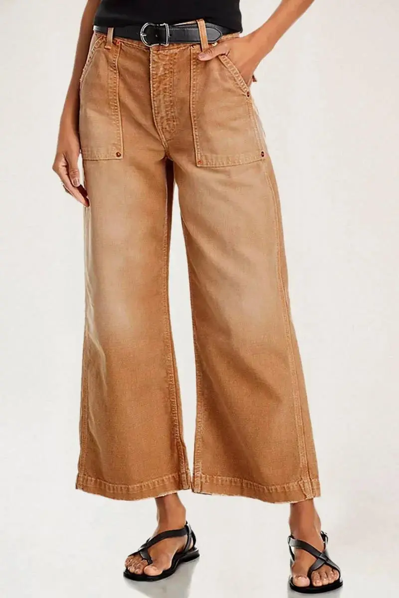 Flap Pocket Back Mid Waist Crop Pants Without Belt