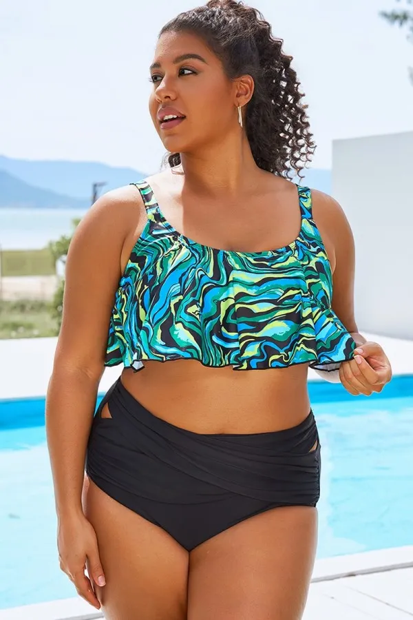 Black Abstract Print Scoop Neck Bikini Top