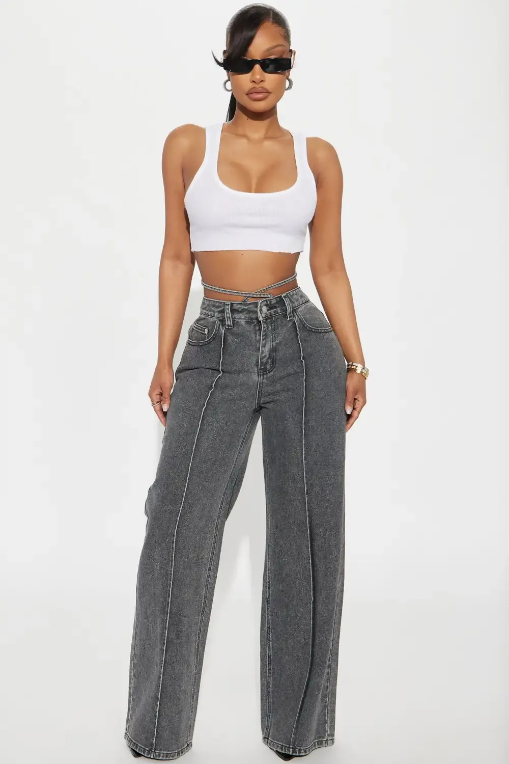 Cross Your Mind Non Stretch Wide Leg Jeans - Grey
