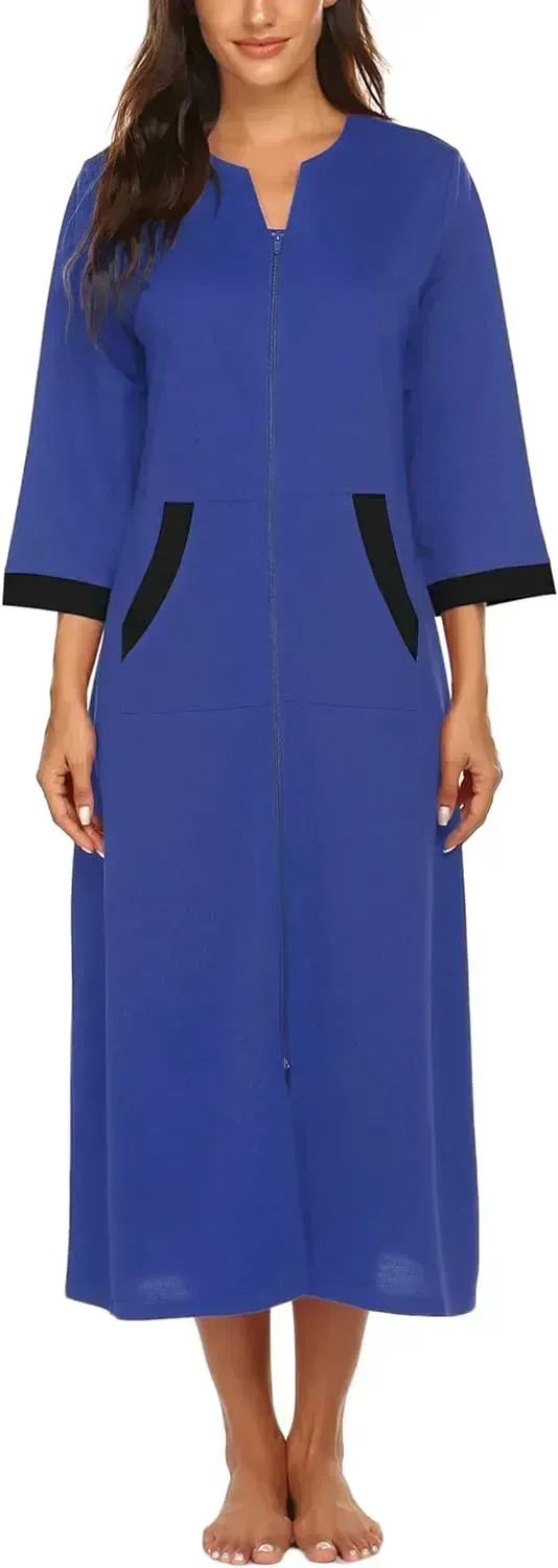 Women Zipper Robe 3/4 Sleeves Loungewear Dress Full Length Sleepwear Pockets Housecoat Nightgown Long Bathrobe