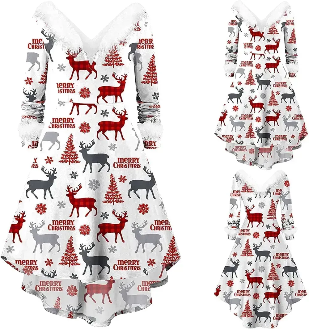 Womens Christmas Dress Fuzzy Mrs Claus Christmas Holiday Xmas Cocktail Holiday Party Flare Dress